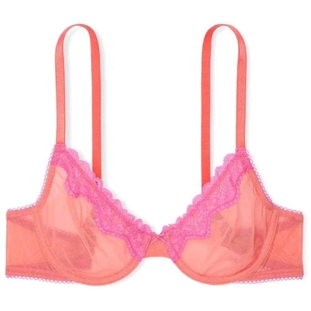 Victoria's Secret Tease Unlined Demi Bra 38DDD Mesh Lace Coral Pink 11239472